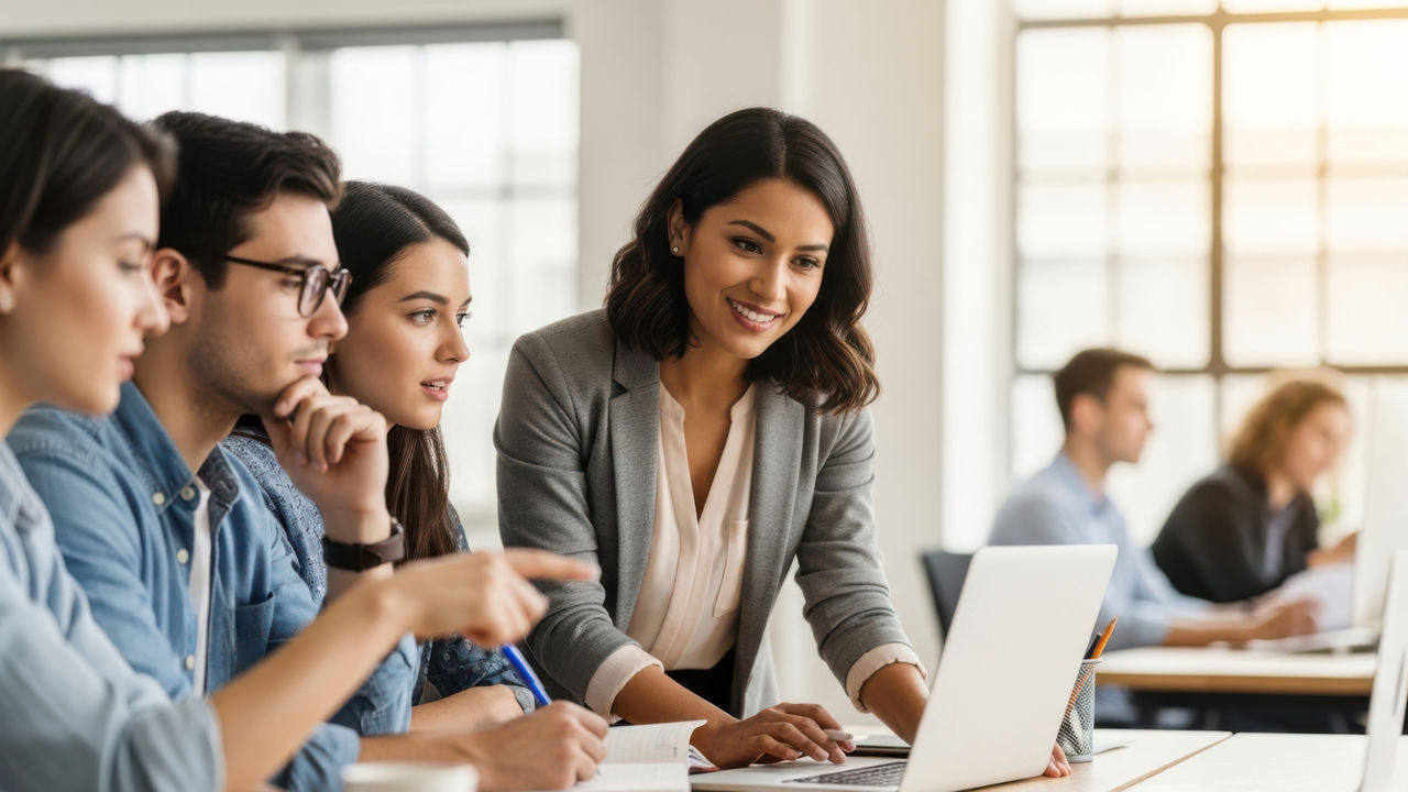 Equip col·laborant durant una formació corporativa personalitzada per desenvolupar talent, lideratge i noves competències professionals.