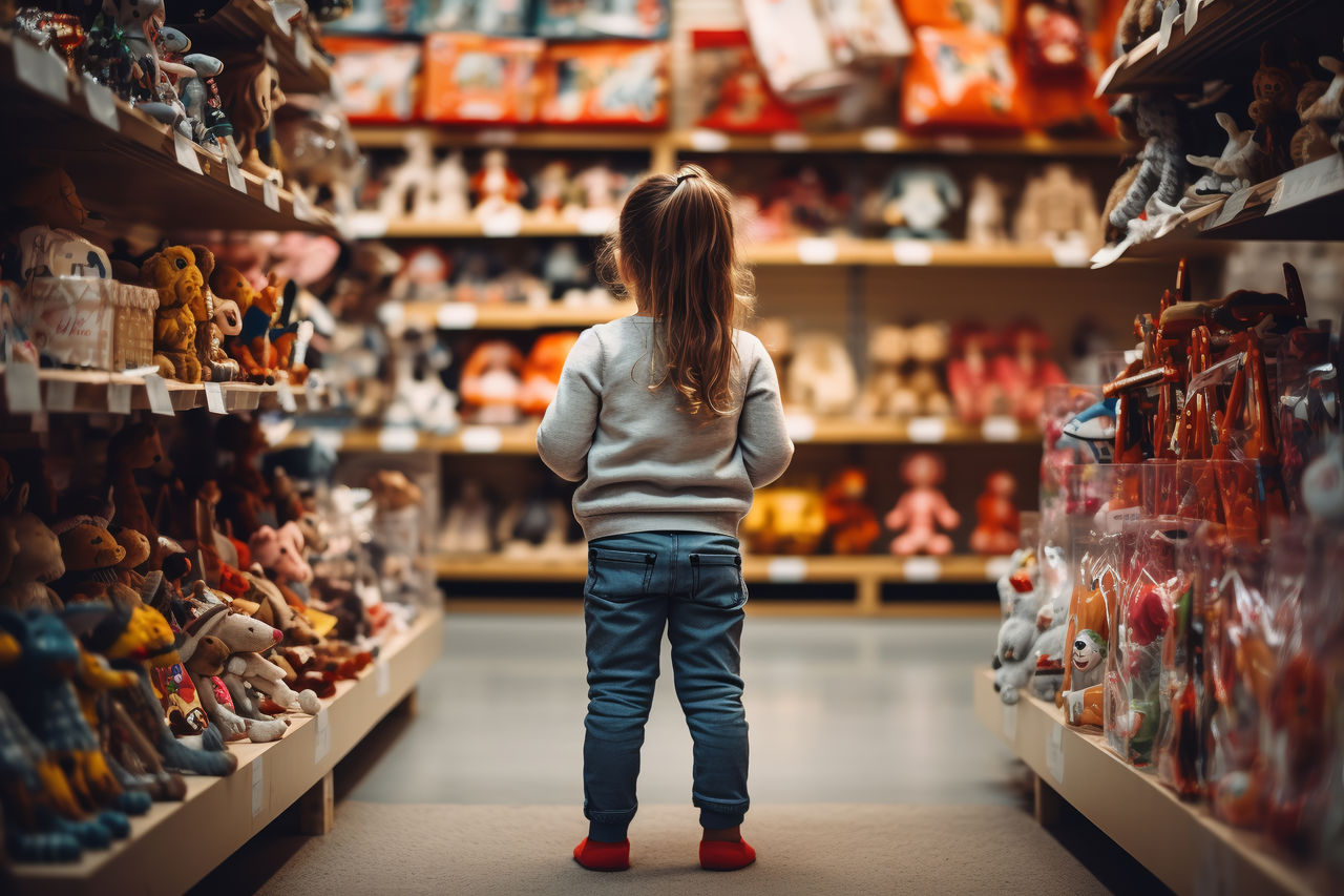 child in a toy store, back view. ai generative