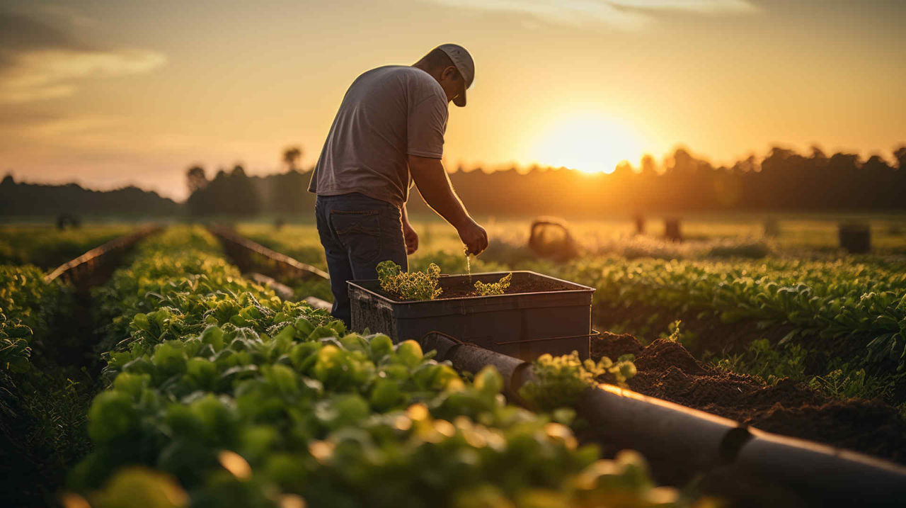 Man in a rural field with a vegetable box at sunset represents country life food production