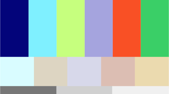 Una paleta de colors formada per tres files de blocs rectangulars. La fila superior mostra blau fosc, cian, verd clar, lila, taronja i verd. Les files inferiors mostren tons més clars i neutres com beix, gris i blanc.
