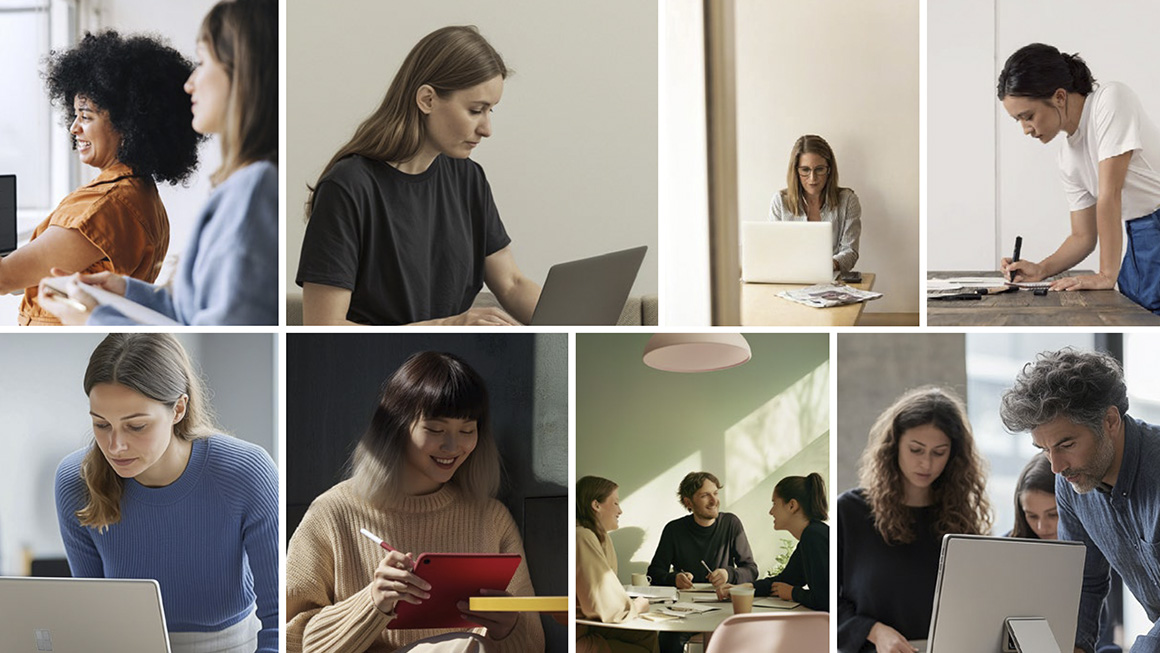 Un collage de vuit fotografies que mostren diferents persones treballant, estudiant o interactuant en entorns d'oficina o d'estudi, utilitzant ordinadors portàtils, tauletes, llibretes o ordinadors de sobretaula.