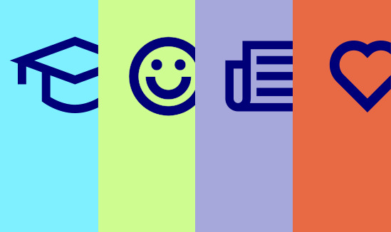 Quatre icones de color blau fosc sobre fons verticals de diferents colors. D'esquerra a dreta: un birret de graduació sobre fons cian, una cara somrient sobre verd clar, un diari sobre lila i un cor sobre taronja.