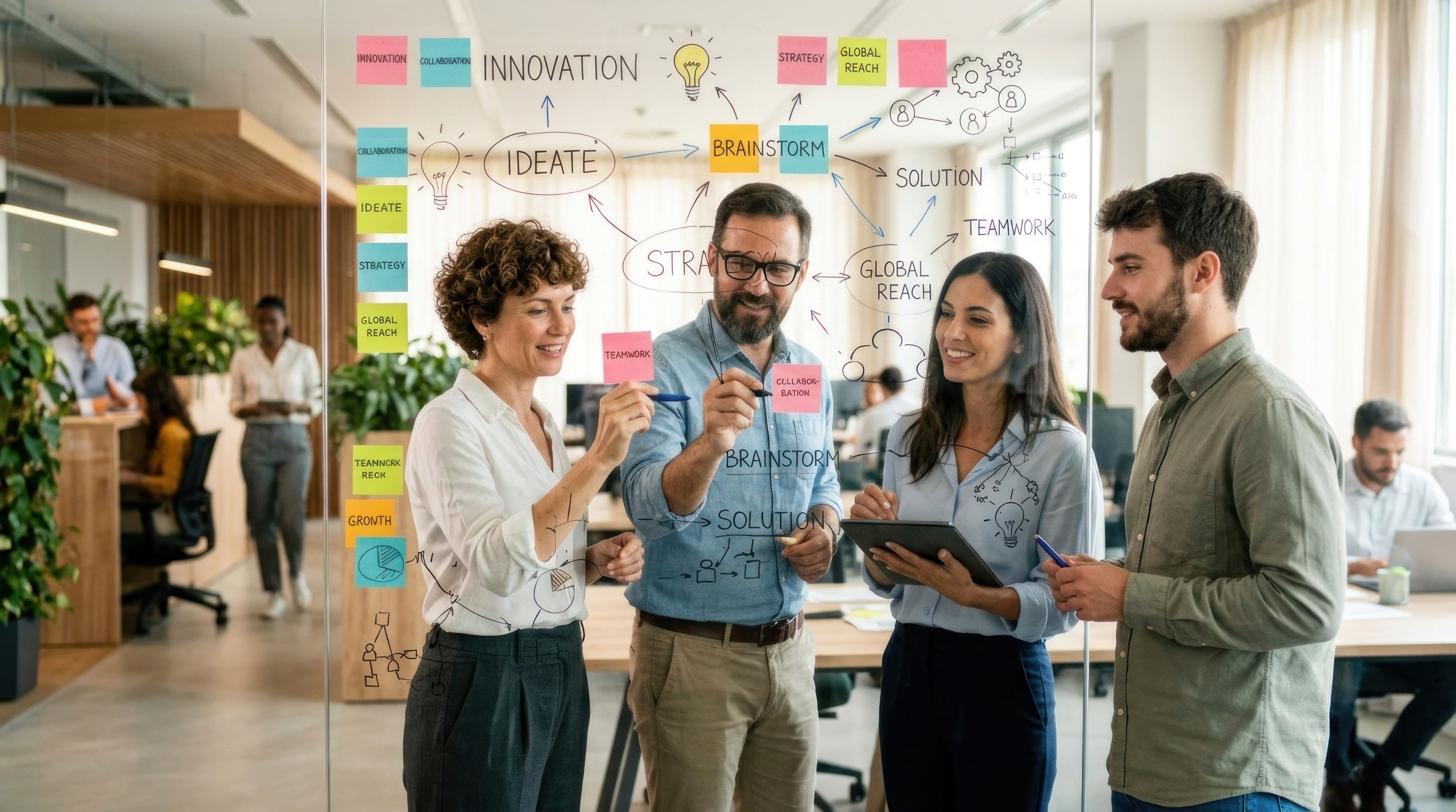 Equipo de profesionales colaborando en una sesión de desarrollo de competencias con metodologías innovadoras para impulsar el talento en la empresa.