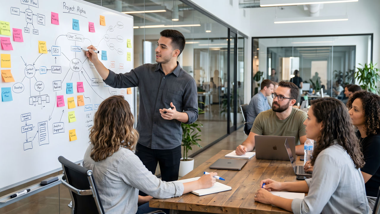 Team applying Agile methodologies and collaborative innovation tools to improve company results.