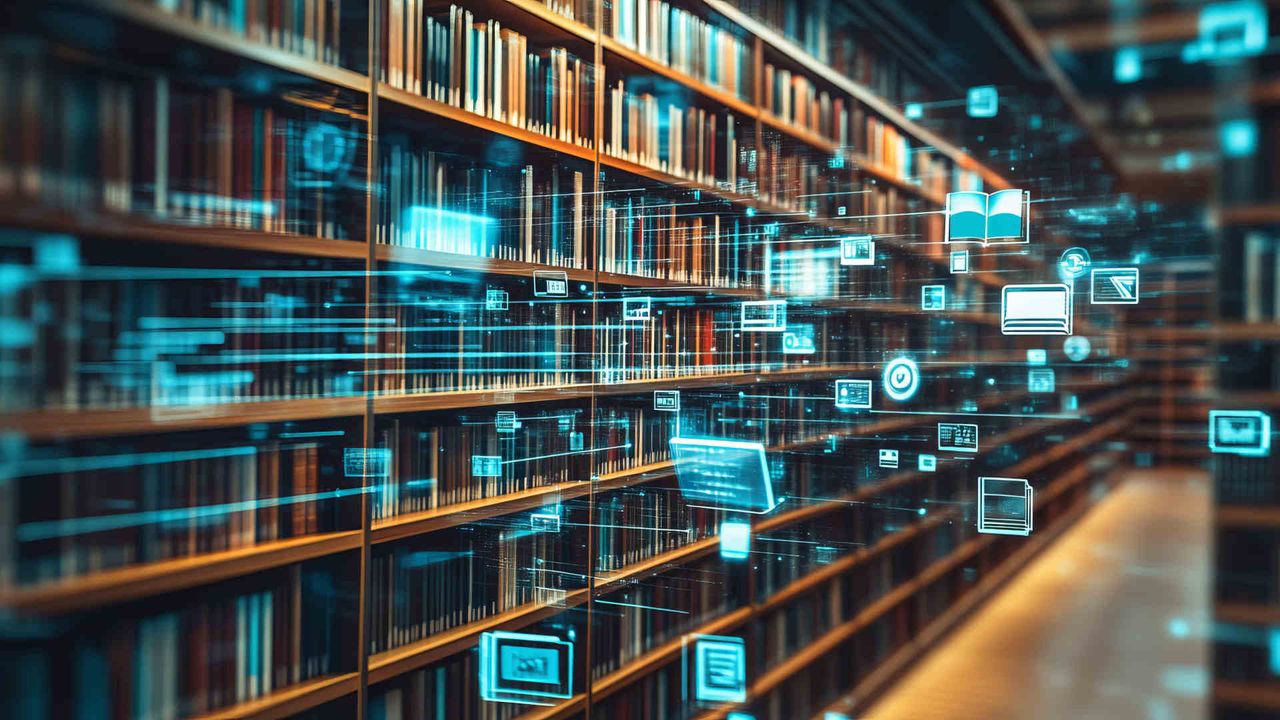 A digital library concept featuring numerous e-book icons, highlighting the availability of electronic books and internet-based knowledge repositories. 2311535733 --ar 16:9 --v 6.1 Job ID: 42c4c636-dc10-44aa-af61-cbfd815ec283