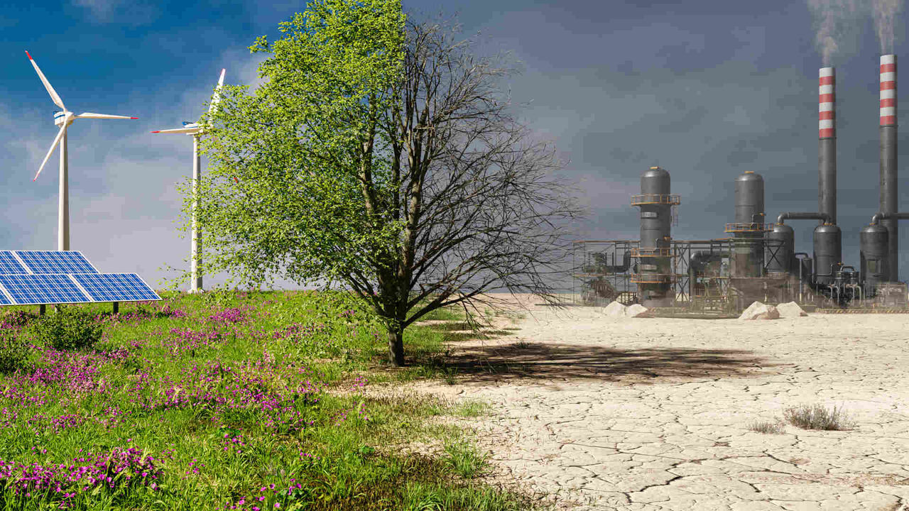 Climate change concept. Tree in two parts with green energy in healthy nature and industrial pollution with conventional energy. 3D rendering.
