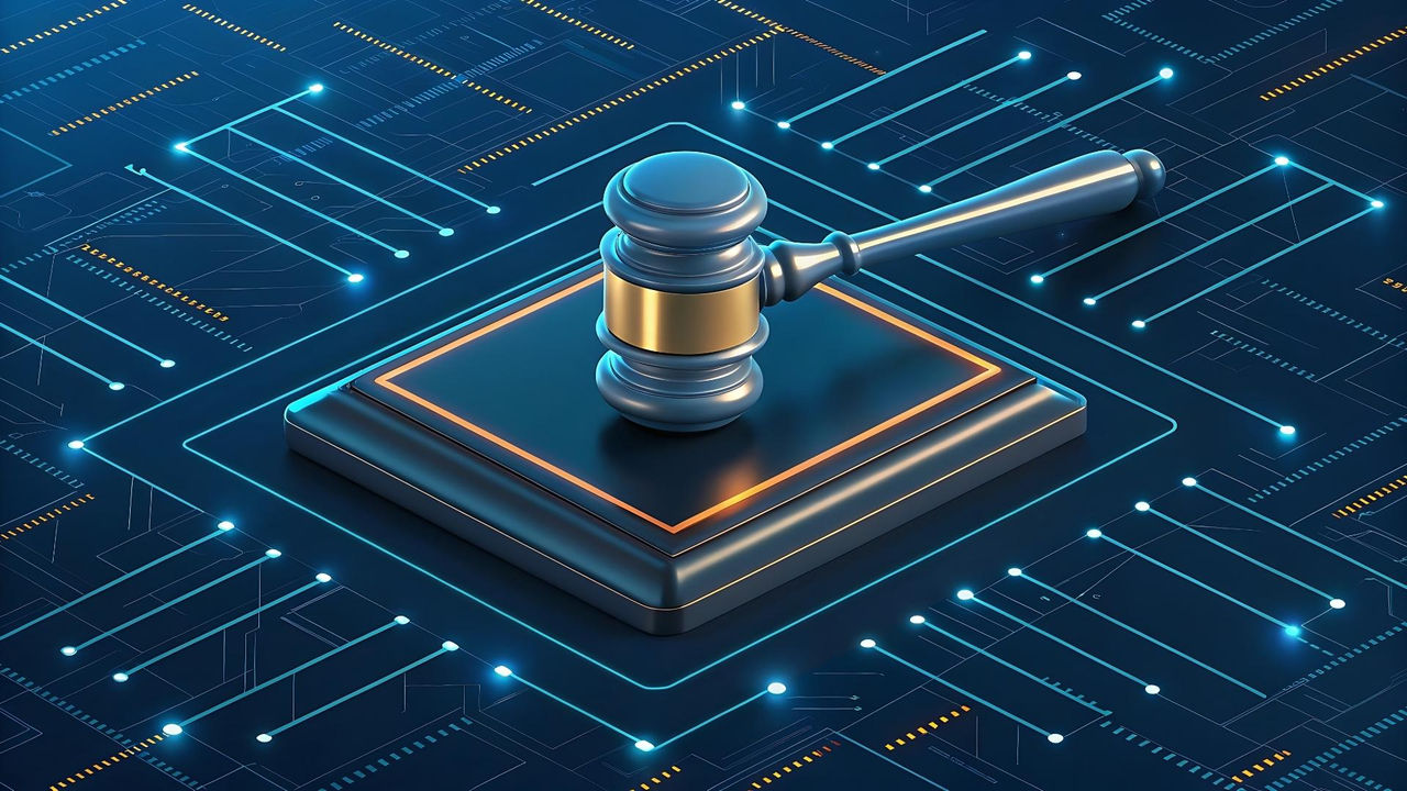 Digital gavel on a circuit board, symbolizing tech law and cybersecurity