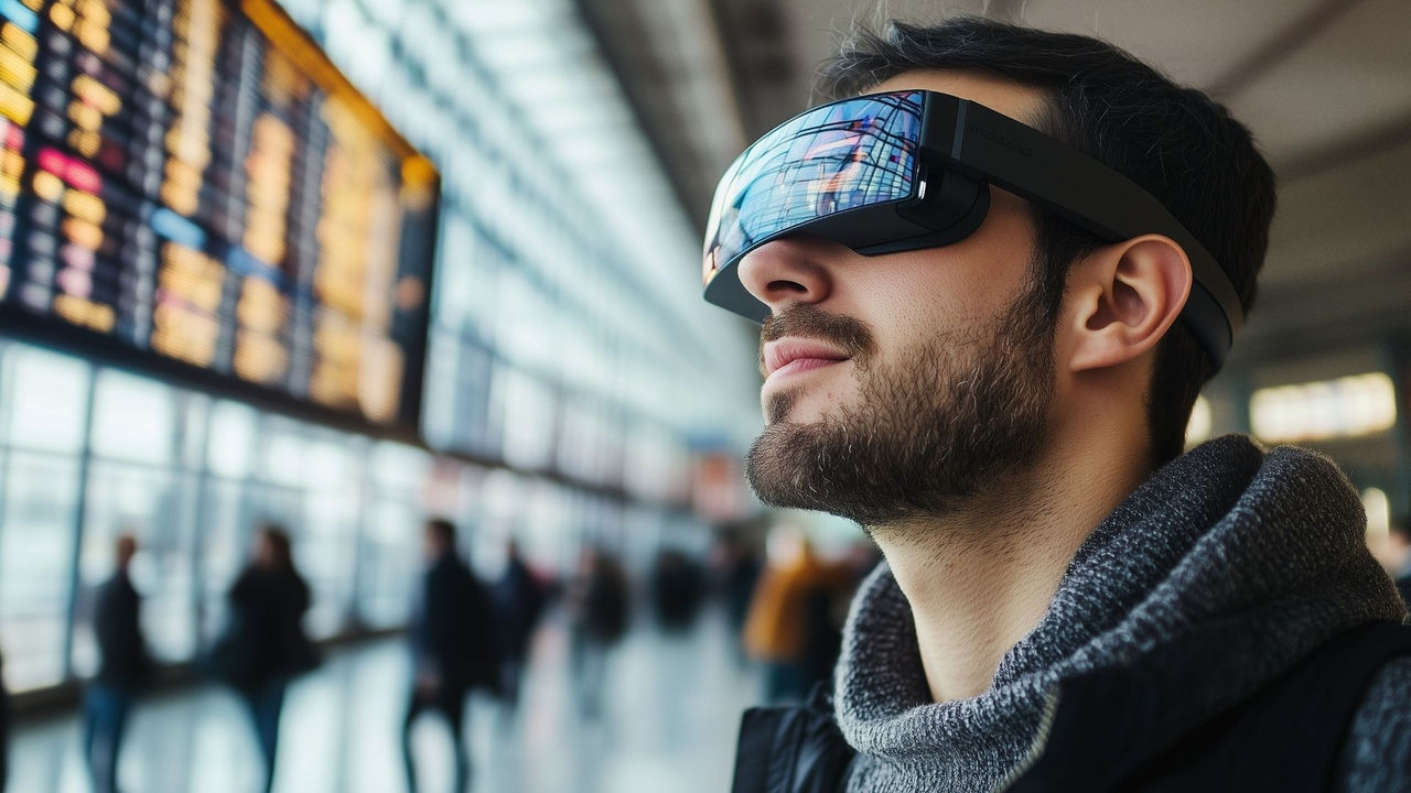 Man with VR glasses in an airport