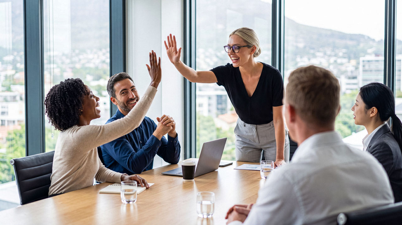Equipo de trabajo celebrando la integración de nuevos profesionales durante un proceso de onboarding y desarrollo del talento en la empresa.
