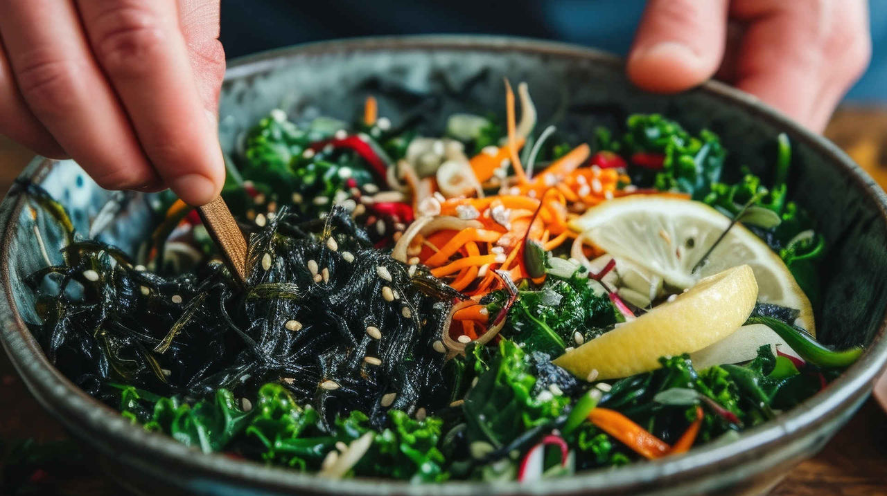 Seaweeds and vegetable salad. Vegetarian organic algae salad. Healthy vegan food , sustainable nutrition concept.