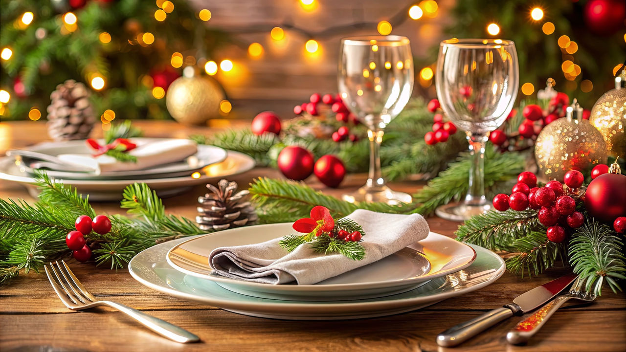 Festive Christmas table setting with plates and silverware, Christmas, table, holiday, celebration, dinner, festive, decorations