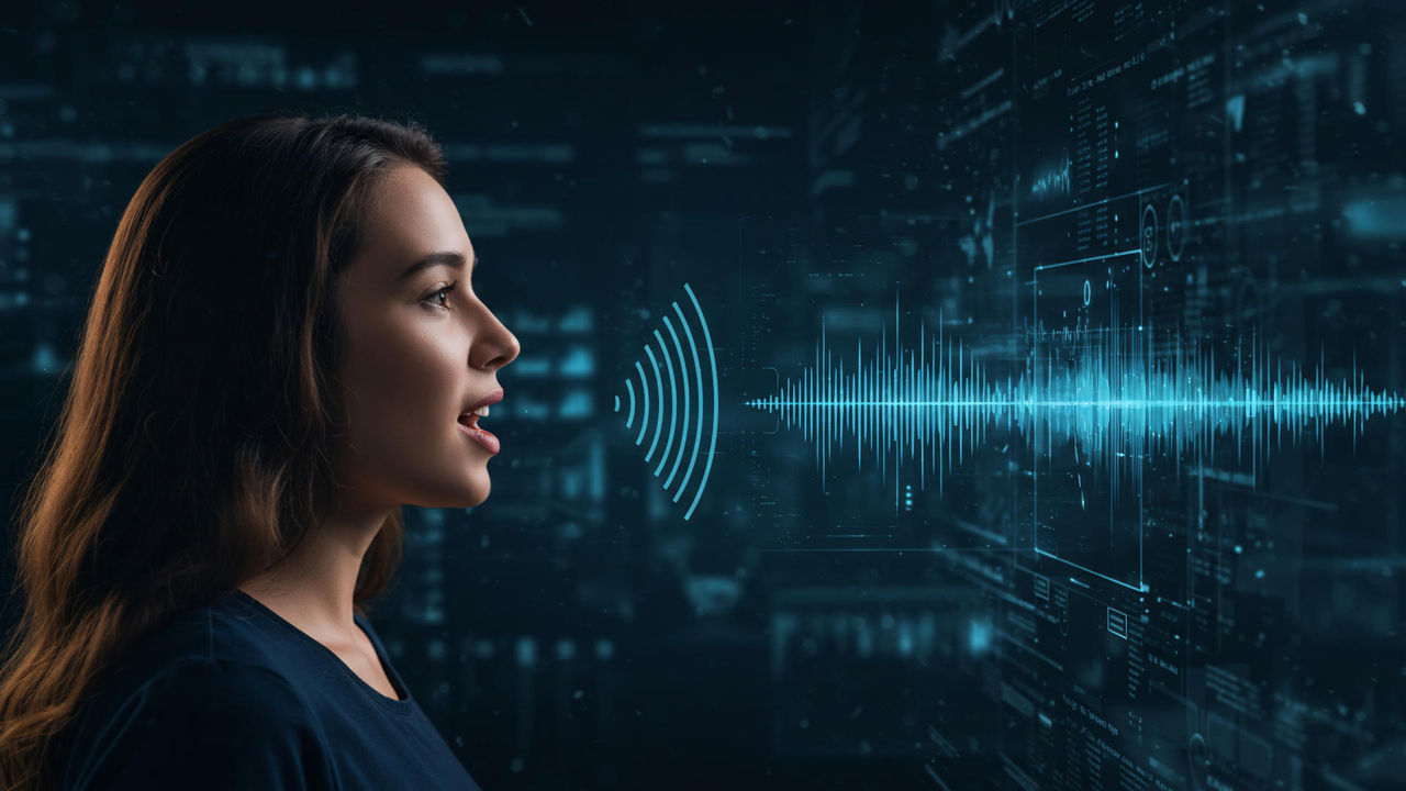 Woman speaking, audio wave displayed for voice recognition tech use, dark scene