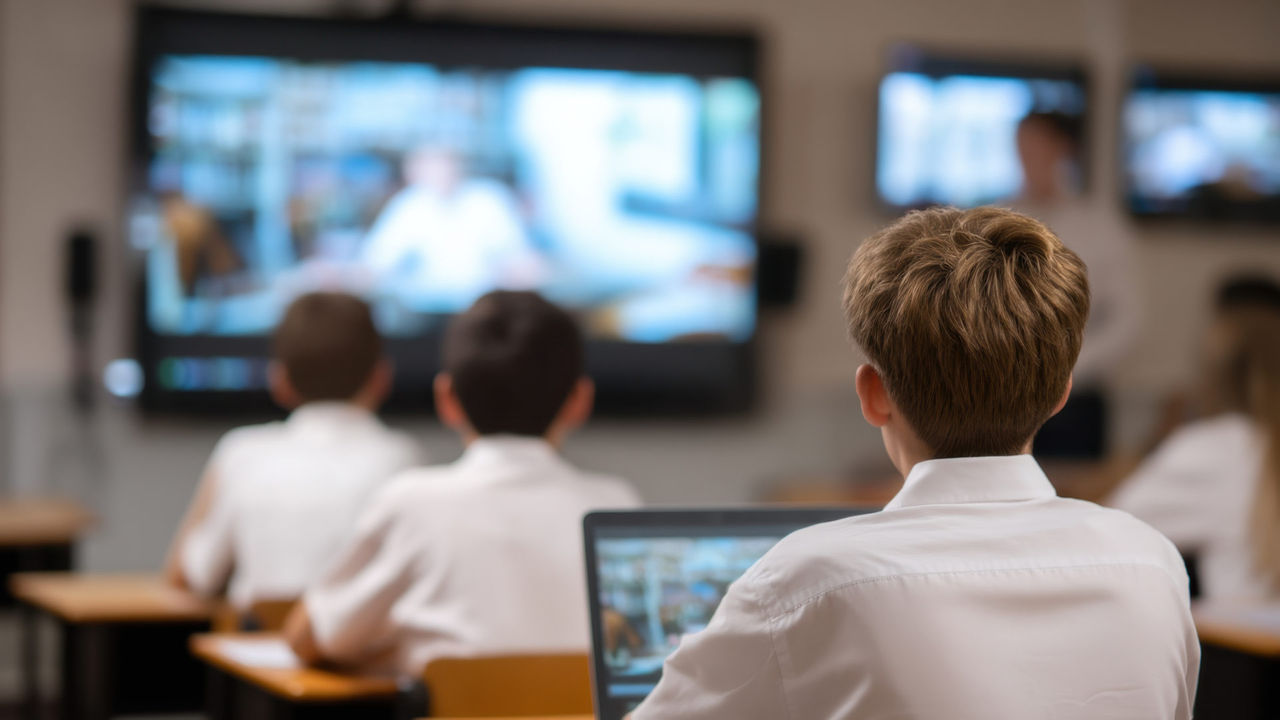 niños en el aula con pantallas